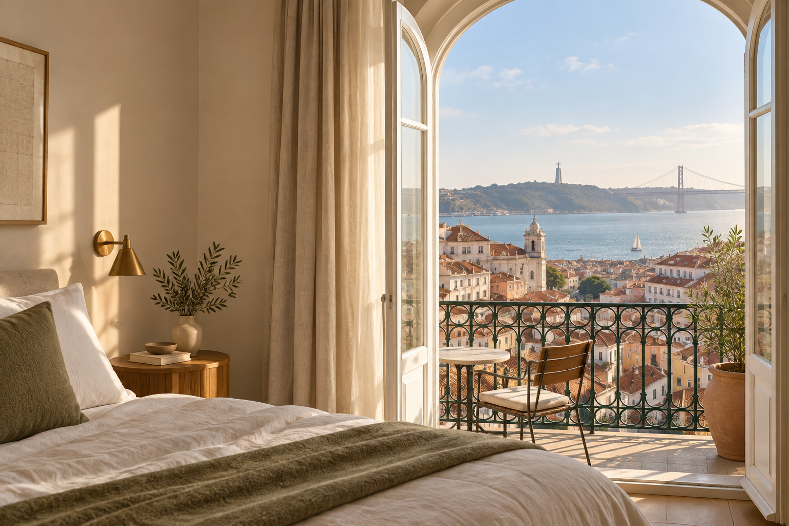 Sunlit Lisbon hotel room looking over the city and river